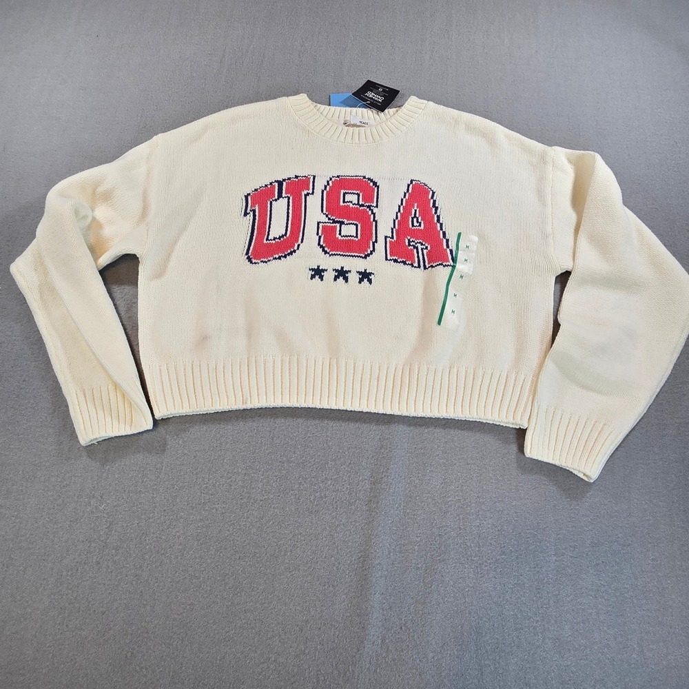 Grayson Threads Sweater Women Medium Cream USA Graphic Cropped Cotton Blend NEW‎